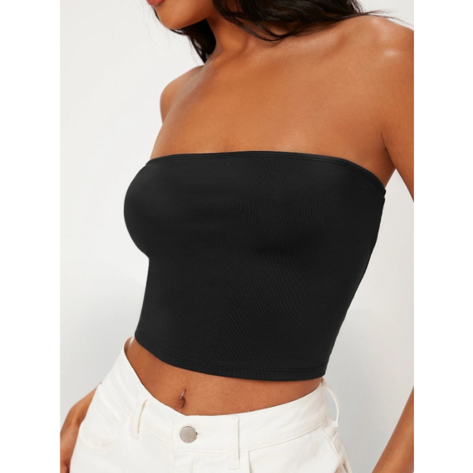 Medium & Large Black Basic Solid Crop Tube Top